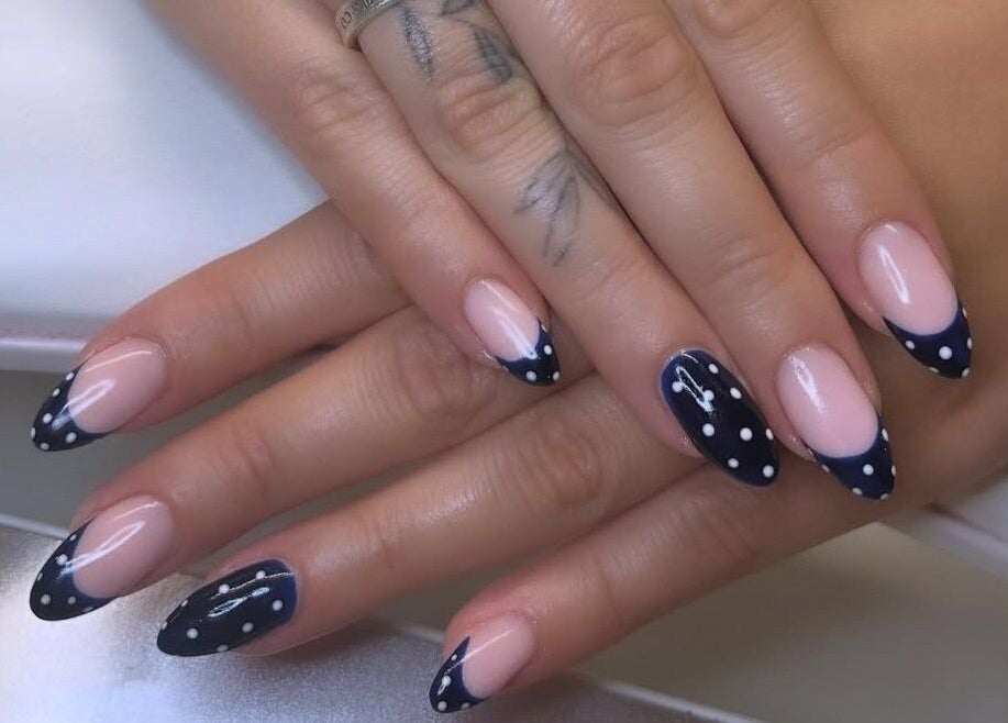 Elegant polka dot nail art from Gossip & Glamour in Chippenham, England, GB.