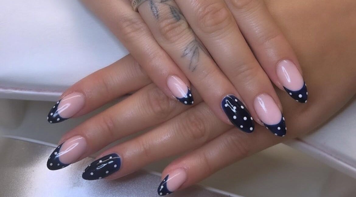 Elegant polka dot nail art from Gossip & Glamour in Chippenham, England, GB.