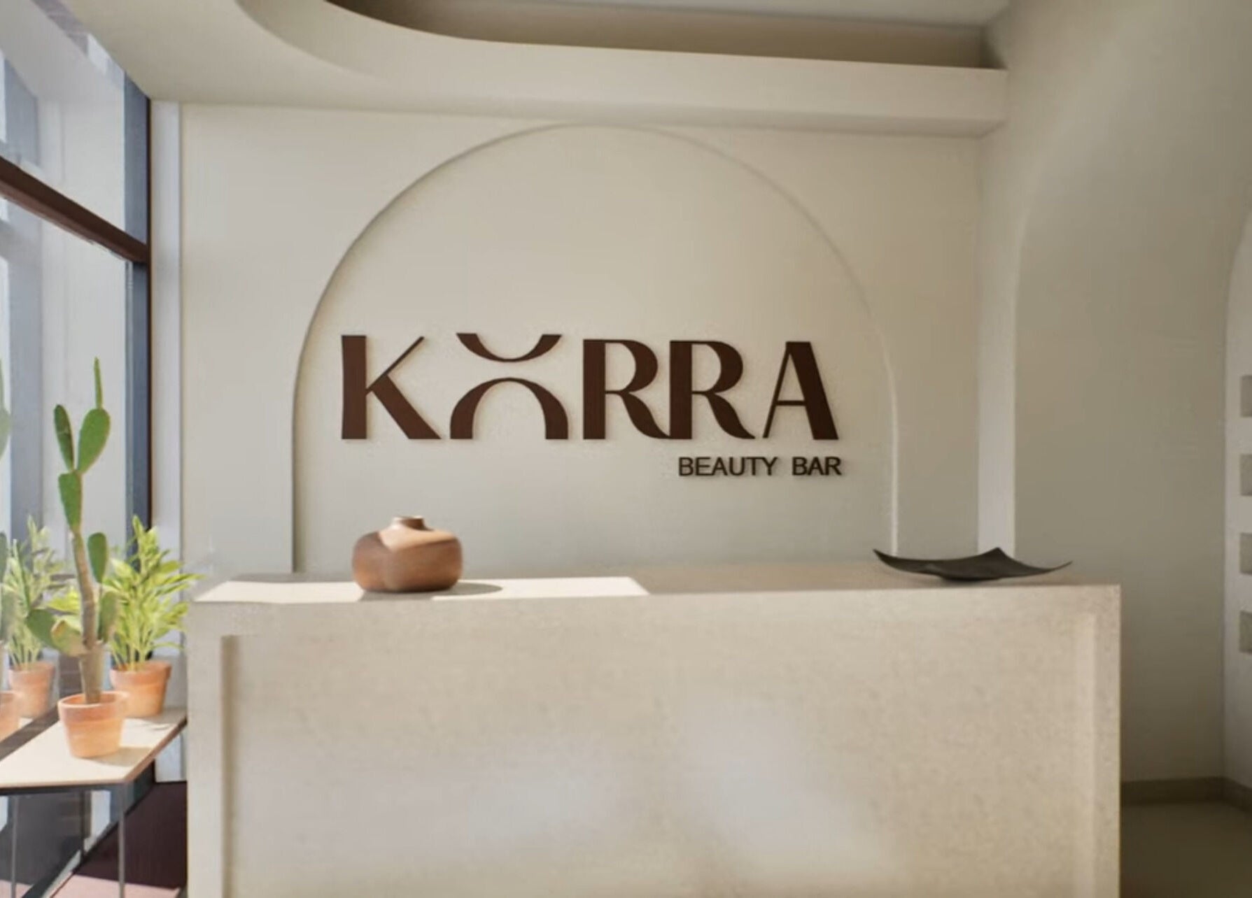 Elegant reception at Korra beauty bar, Southlake, Texas, US, featuring modern decor and natural elements.