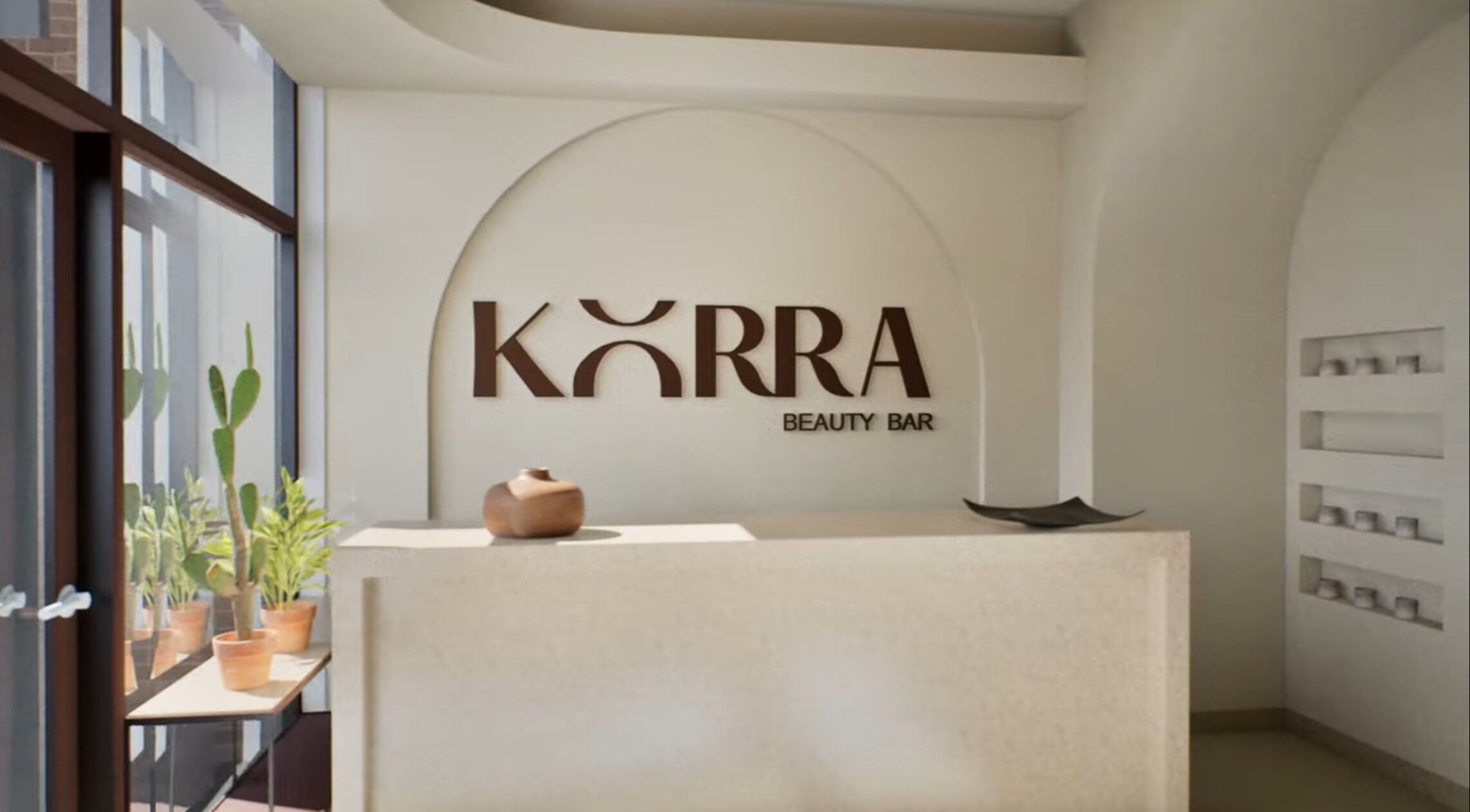 Elegant reception at Korra beauty bar, Southlake, Texas, US, featuring modern decor and natural elements.