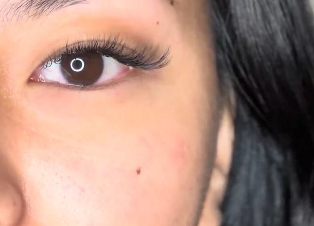 Close-up of expertly done eyelash extensions at Korra beauty bar, Southlake, Texas, US.