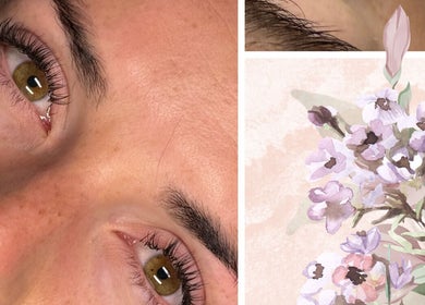 Close-up of styled lashes by Lashes By Lex (Mobile Lash Tech), Giltbrook, England, GB with floral accents.