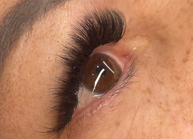 Close-up of styled lashes by Lashes By Lex (Mobile Lash Tech) in Giltbrook, England, GB.