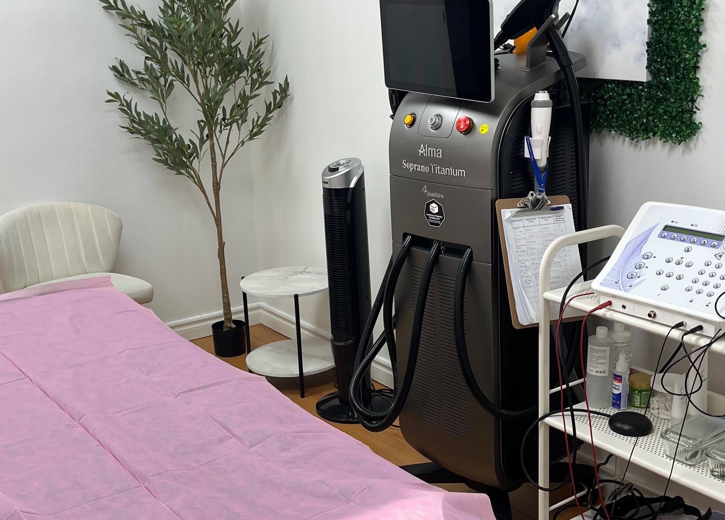 Silky Skin treatment room in Toronto, Ontario, CA features modern equipment and a cozy setup.