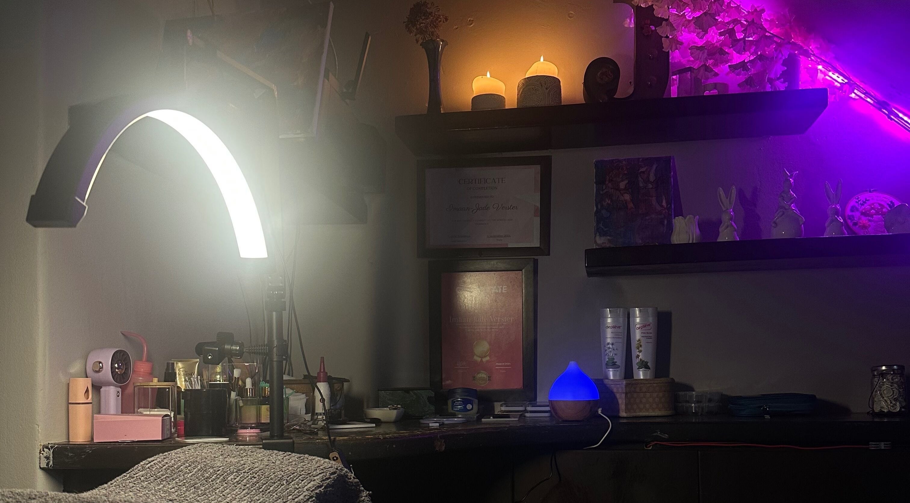 A serene setup at Jade's Parlour, Cape Town, Western Cape, ZA, featuring soft lighting and elegant decor.