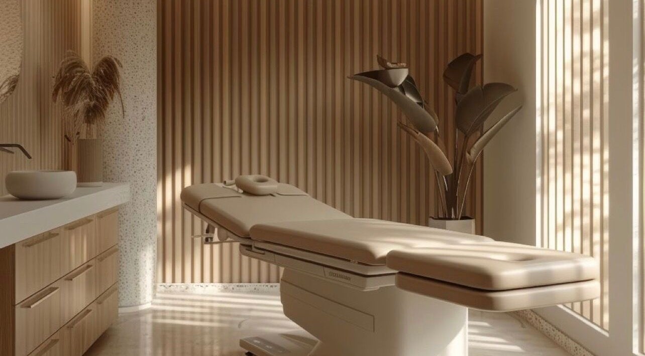 Salle de soins relaxante à Houseoff KOREAN beauty, Paris, Île-de-France, FR, avec lit de massage moderne.