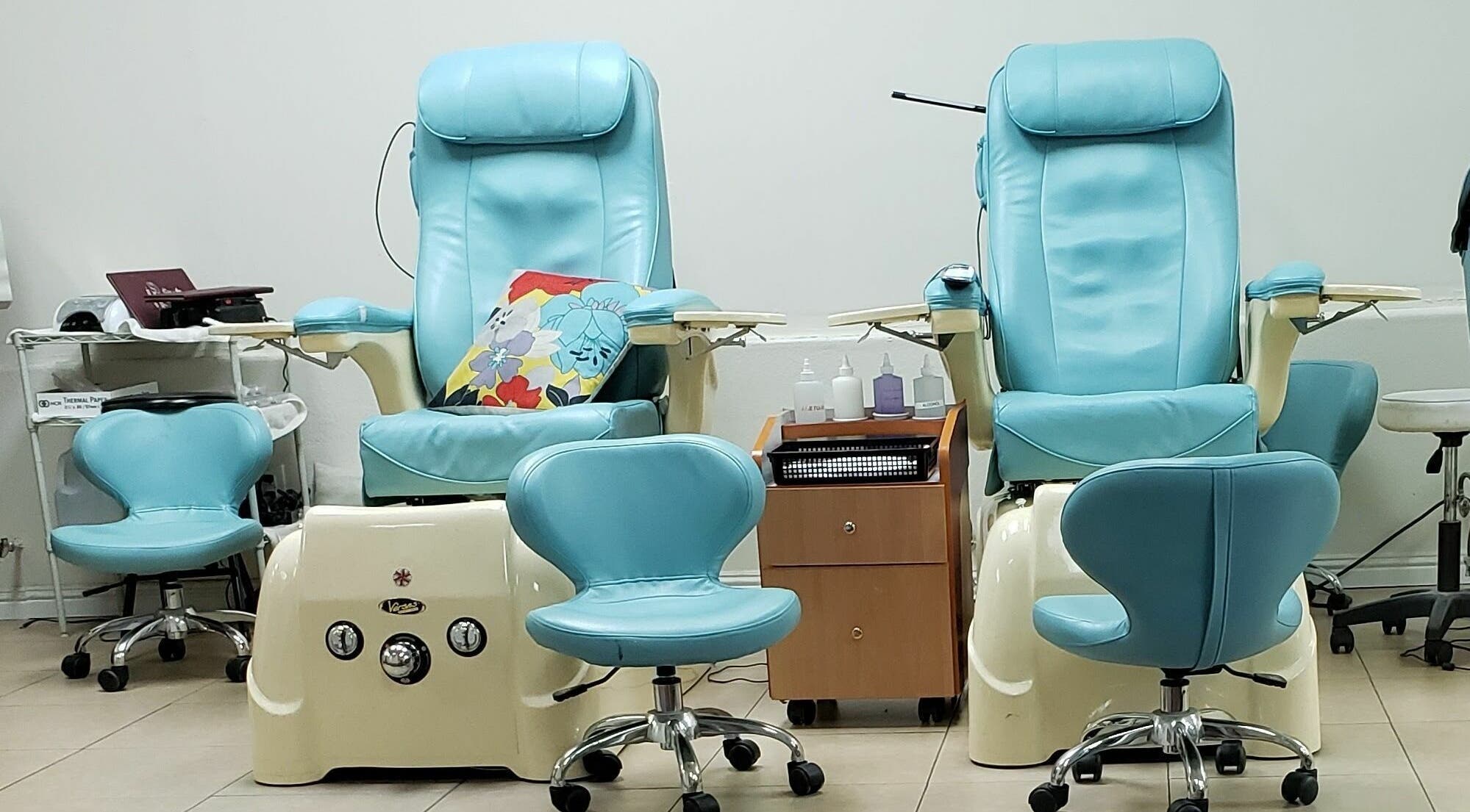 Comfortable pedicure chairs at Blue Bell Nails Salon in Livermore, California, US showcase a relaxing atmosphere.