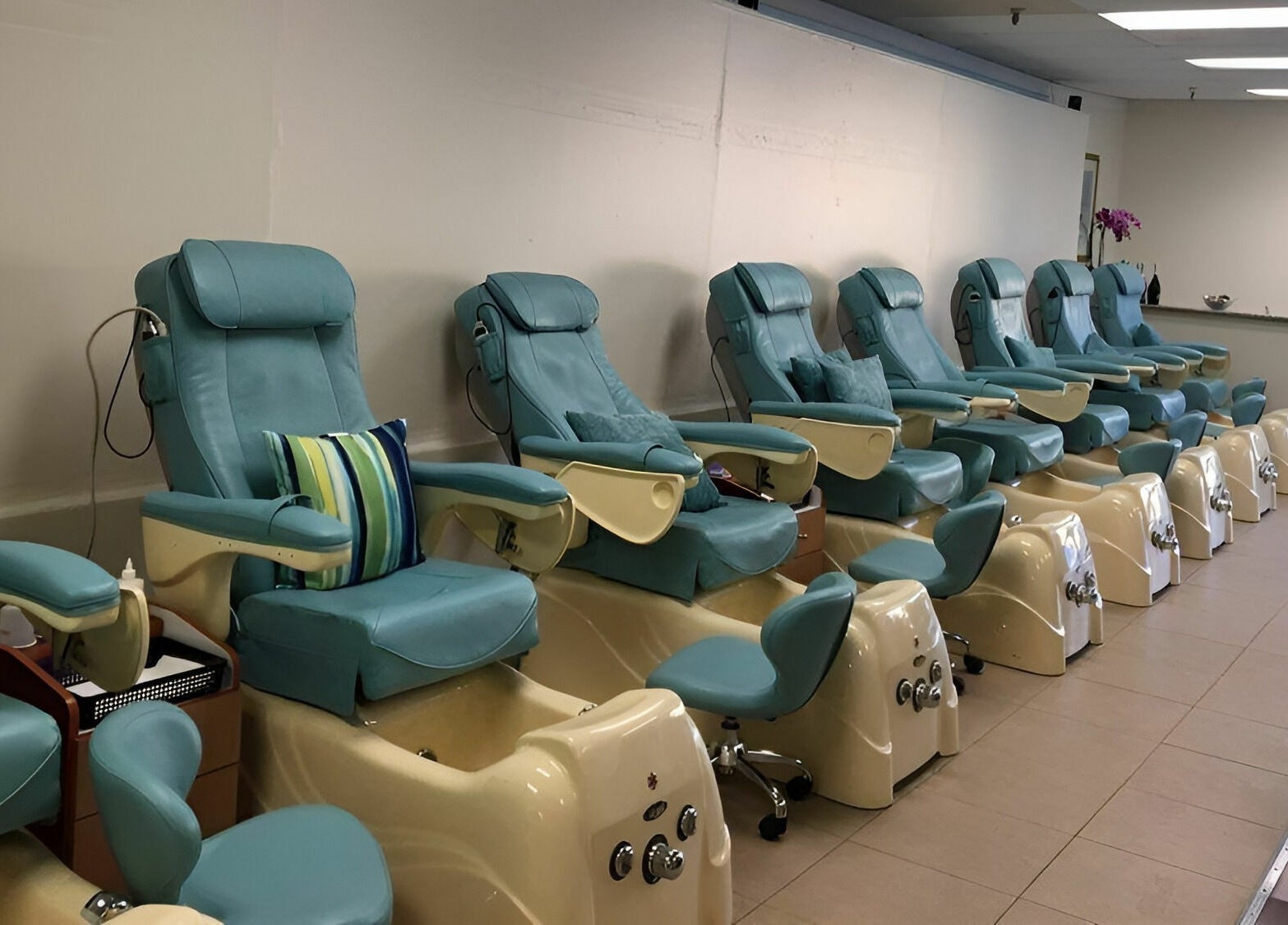 Relaxing pedicure chairs at Blue Bell Nails Salon, Livermore, California, US, inviting comfort and style.