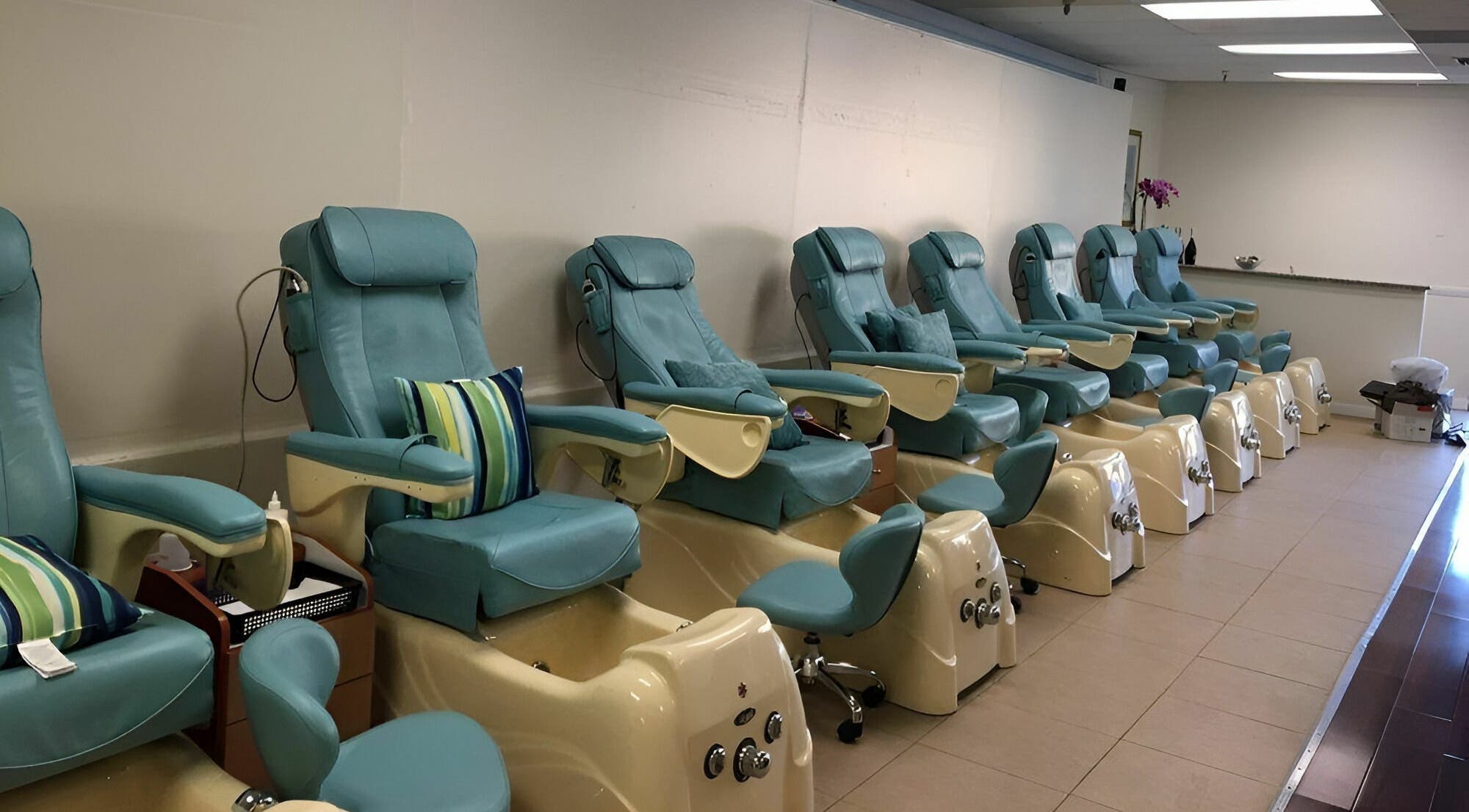 Relaxing pedicure chairs at Blue Bell Nails Salon, Livermore, California, US, inviting comfort and style.