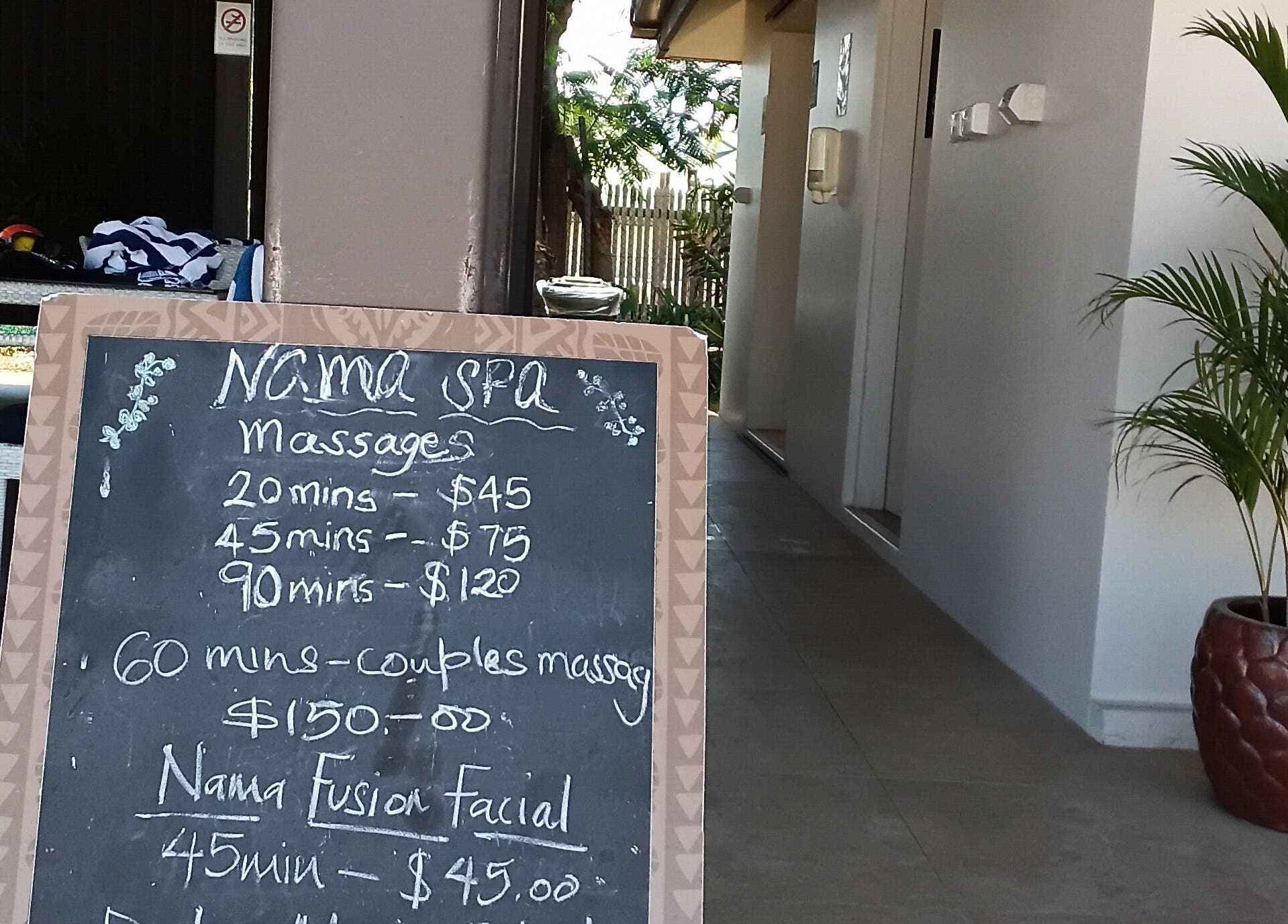 Nama Fiji spa service menu displayed on a chalkboard at Nadi, Western Division, FJ location.