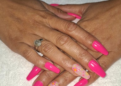 Bright pink and floral nail art at House of Nails, Cape Town, Western Cape, ZA.