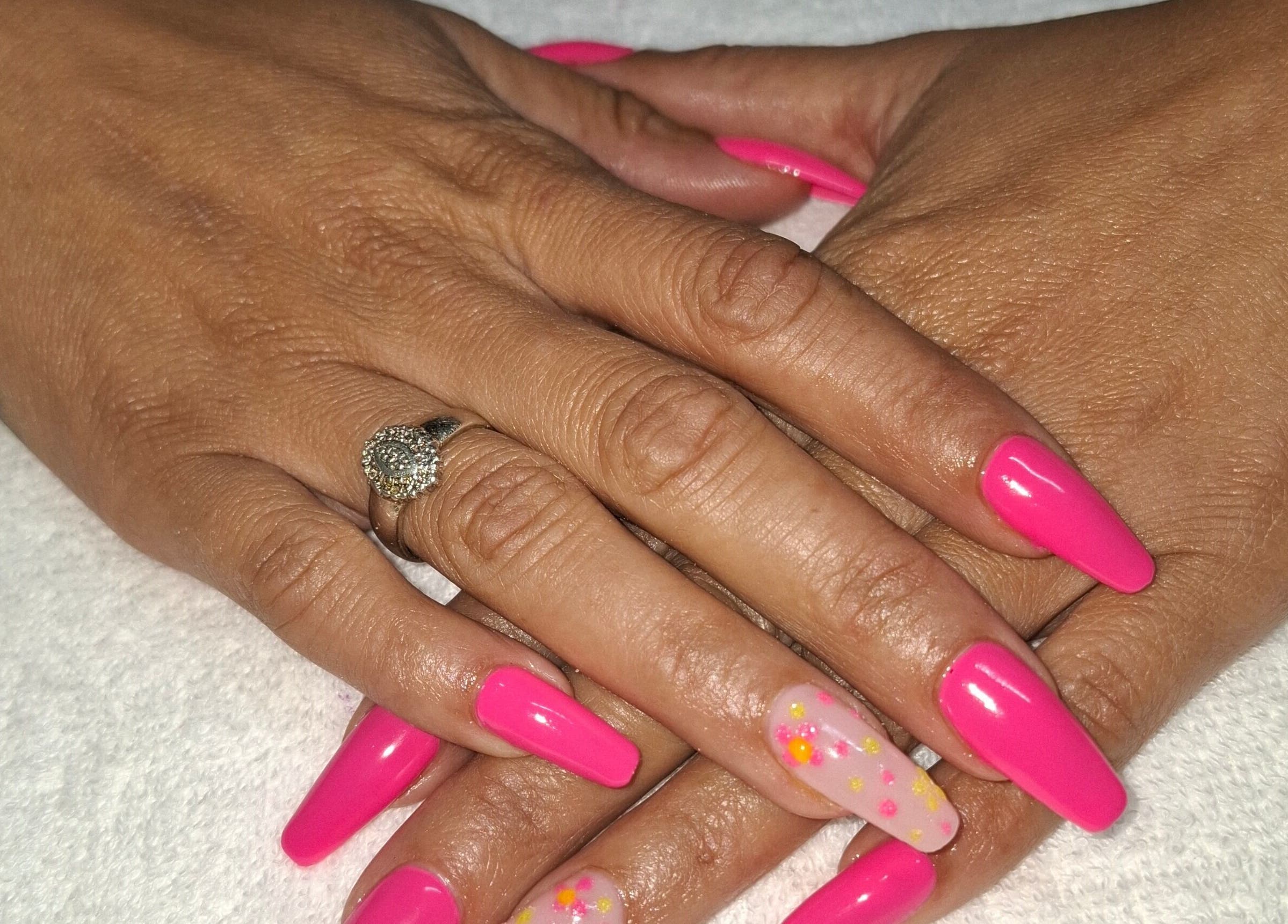 Bright pink and floral nail art at House of Nails, Cape Town, Western Cape, ZA.