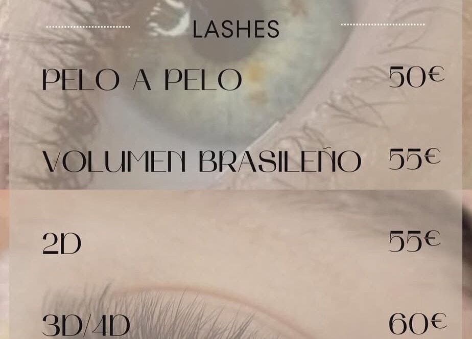 Lista de precios de pestañas en Andreamlestetica, Pedralba, Comunidad Valenciana, ES, incluyendo extensión y volumen.