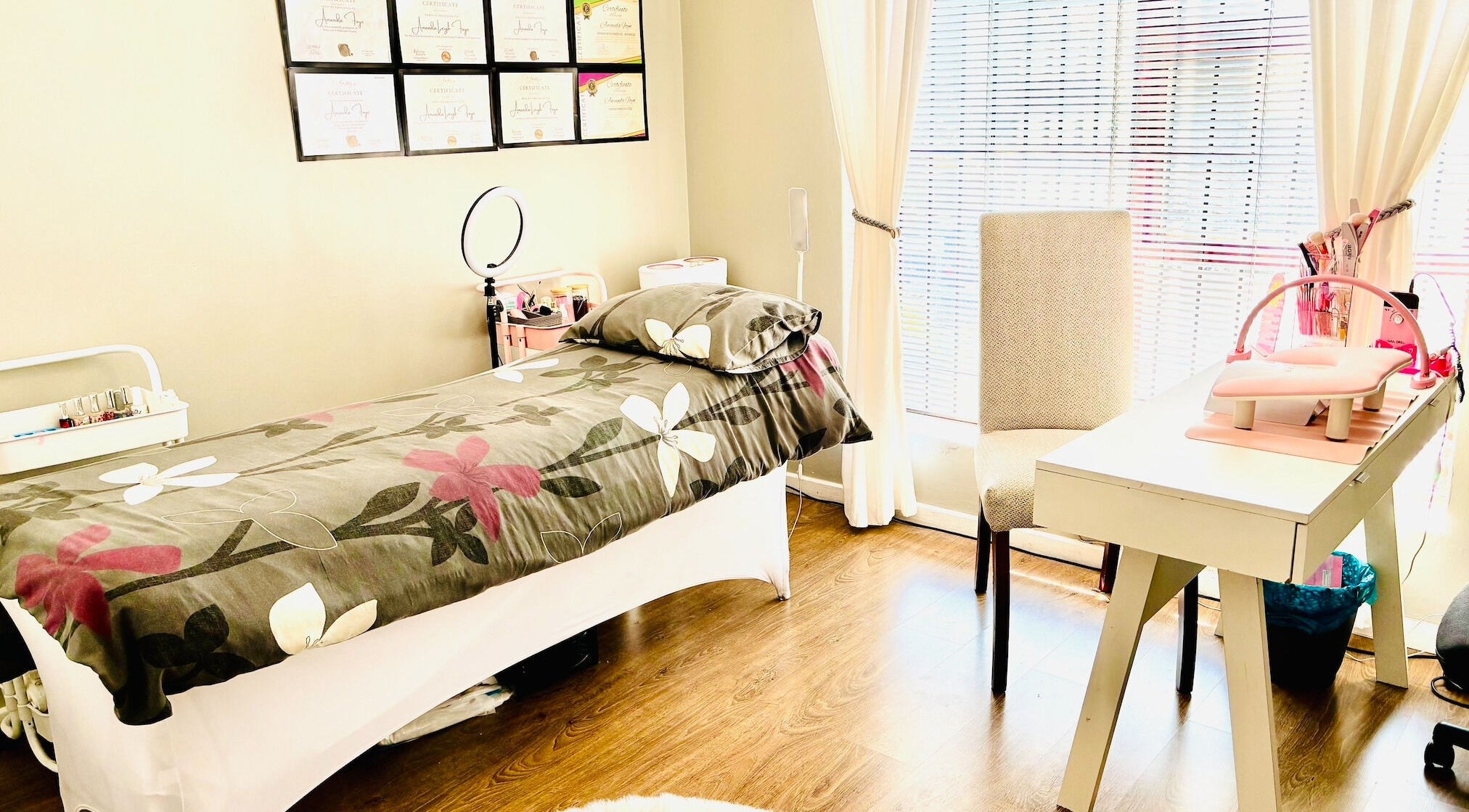 Peaceful treatment room at Make Me Pretti‎, Cape Town, Western Cape, ZA, with floral bedspread and natural light.