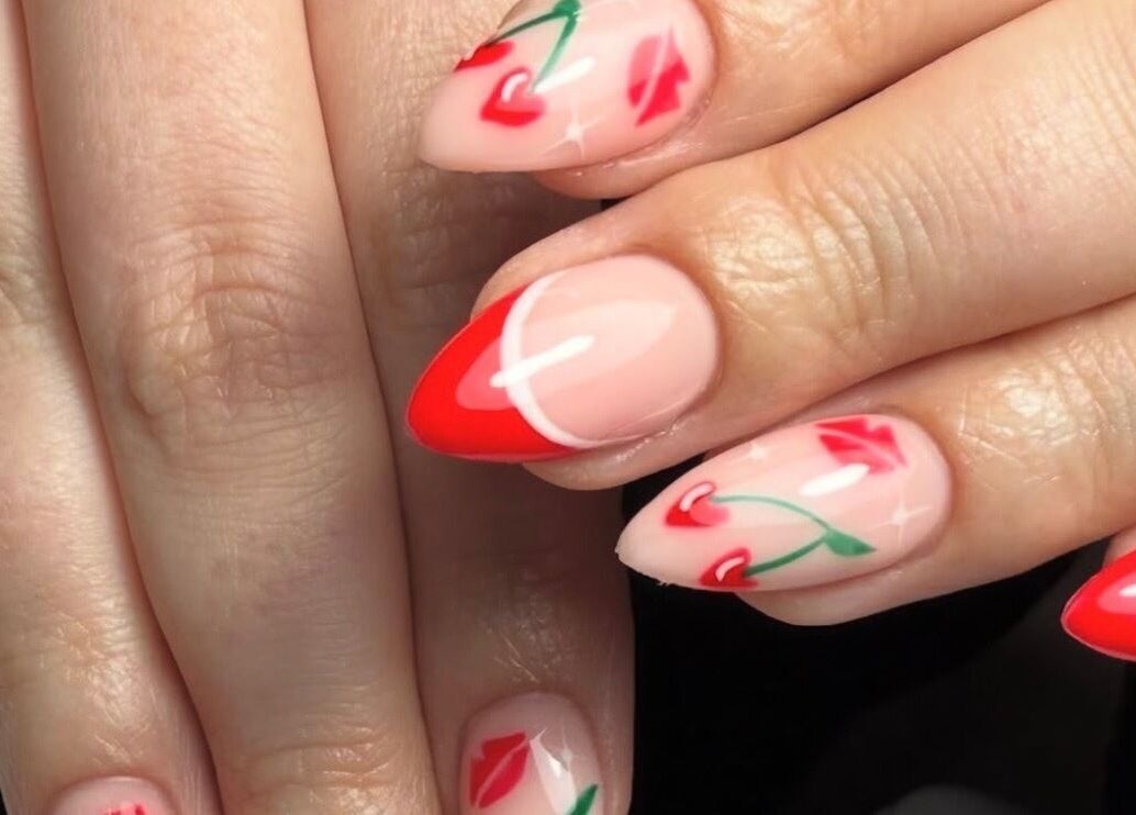 Elegant rose-tipped nails by Nails By Lara in Nottingham, England, GB showcase vibrant nail art.