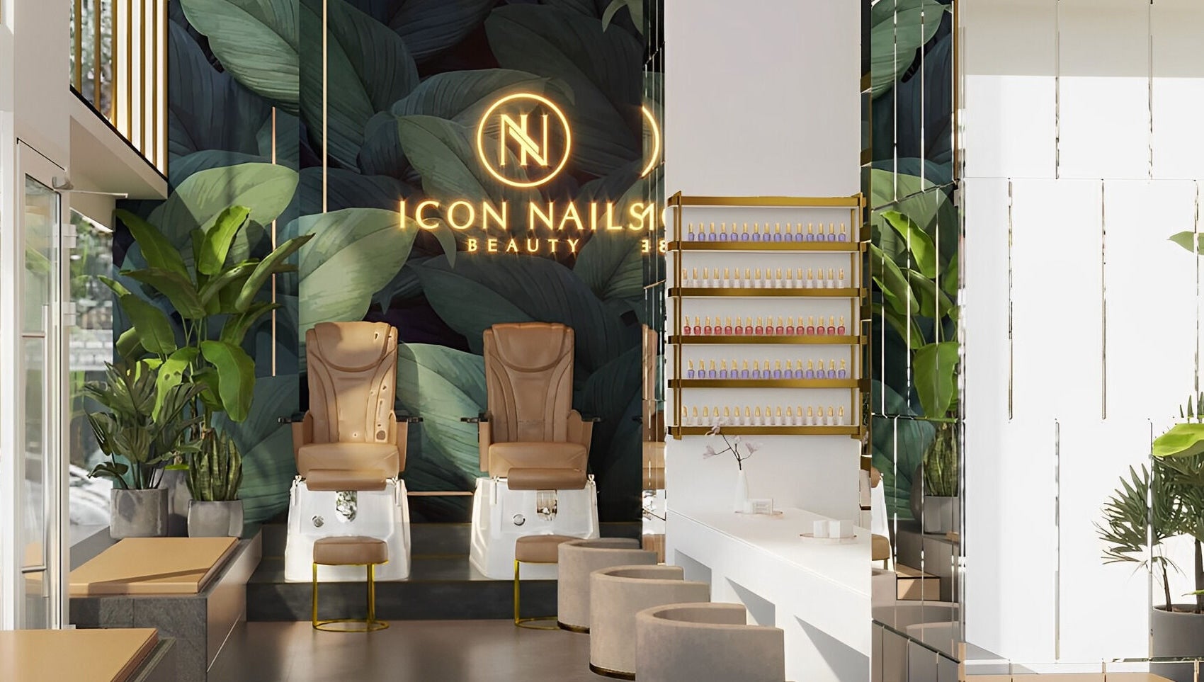 Luxurious Icon Nails & Beauty interior with plush chairs and lush plants in Zürich, Zürich, CH.