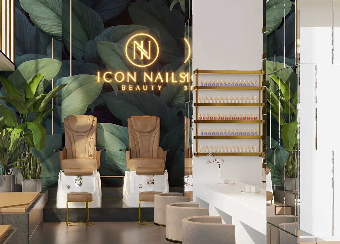 Luxurious Icon Nails & Beauty interior with plush chairs and lush plants in Zürich, Zürich, CH.