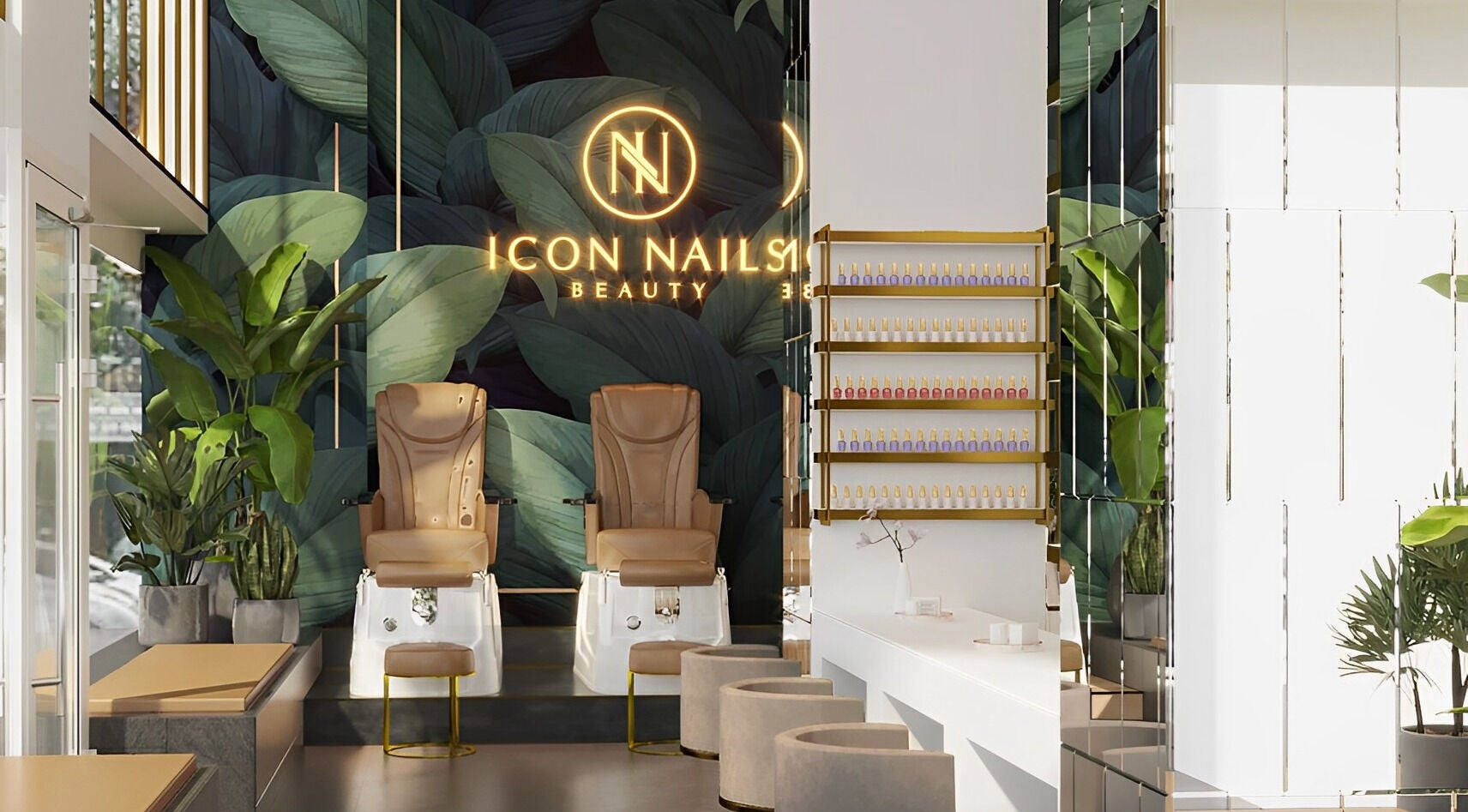 Luxurious Icon Nails & Beauty interior with plush chairs and lush plants in Zürich, Zürich, CH.