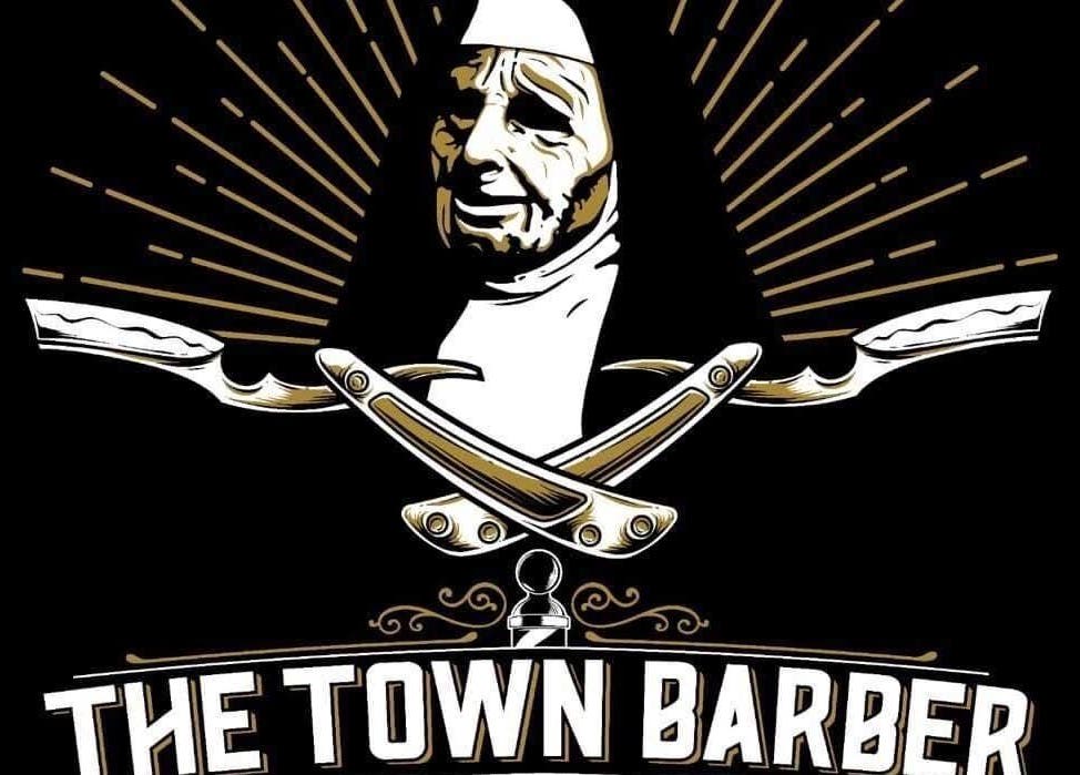 The town barber logo in Żabbar, MT with vintage design of crossed razors and a stylized face.