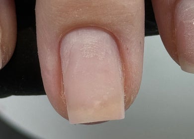 Closeup of a natural nail prepared for treatment at Irysha.beauty, Chichester, England, GB.