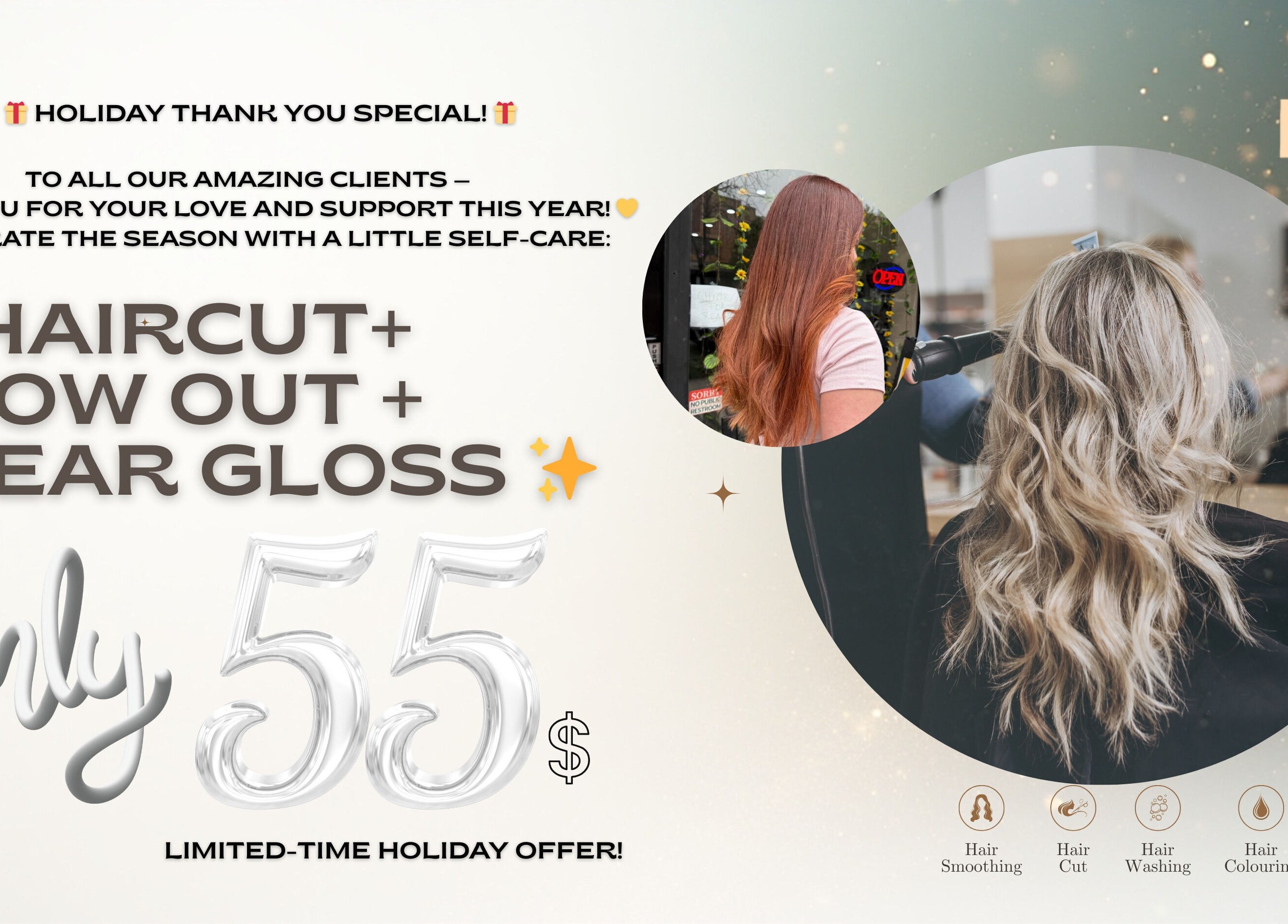 BrighTouch in New York offers a $55 holiday special for haircut, blowout, and clear gloss services.