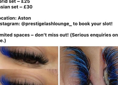 Colorful eyelash extensions at Prestige Lash Lounge, Birmingham, England, GB. Showcasing vibrant blue designs.