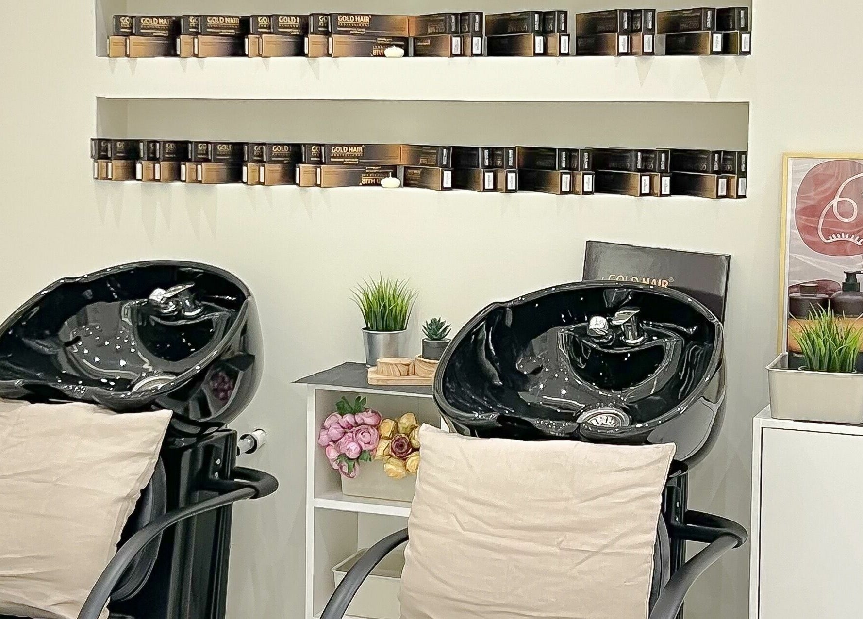 Elegant hair washing stations at Patonia Spa, Sharjah, Sharjah, AE, featuring plants and luxurious products.