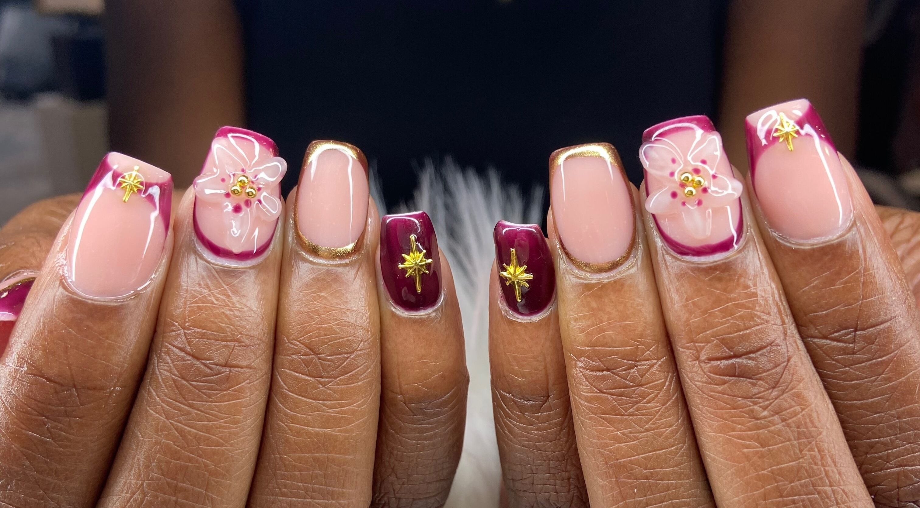 Stunning nail art featuring flowers and gold accents at Pretty Nails By Sasha, Rockledge, Florida, US.