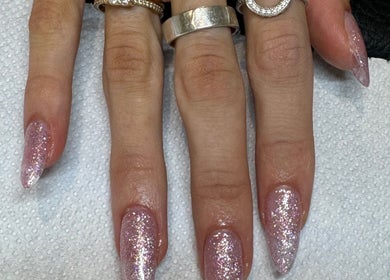 Glittery nails designed at Organic Nail Care by Enji, Pelican Waters, Queensland, AU.