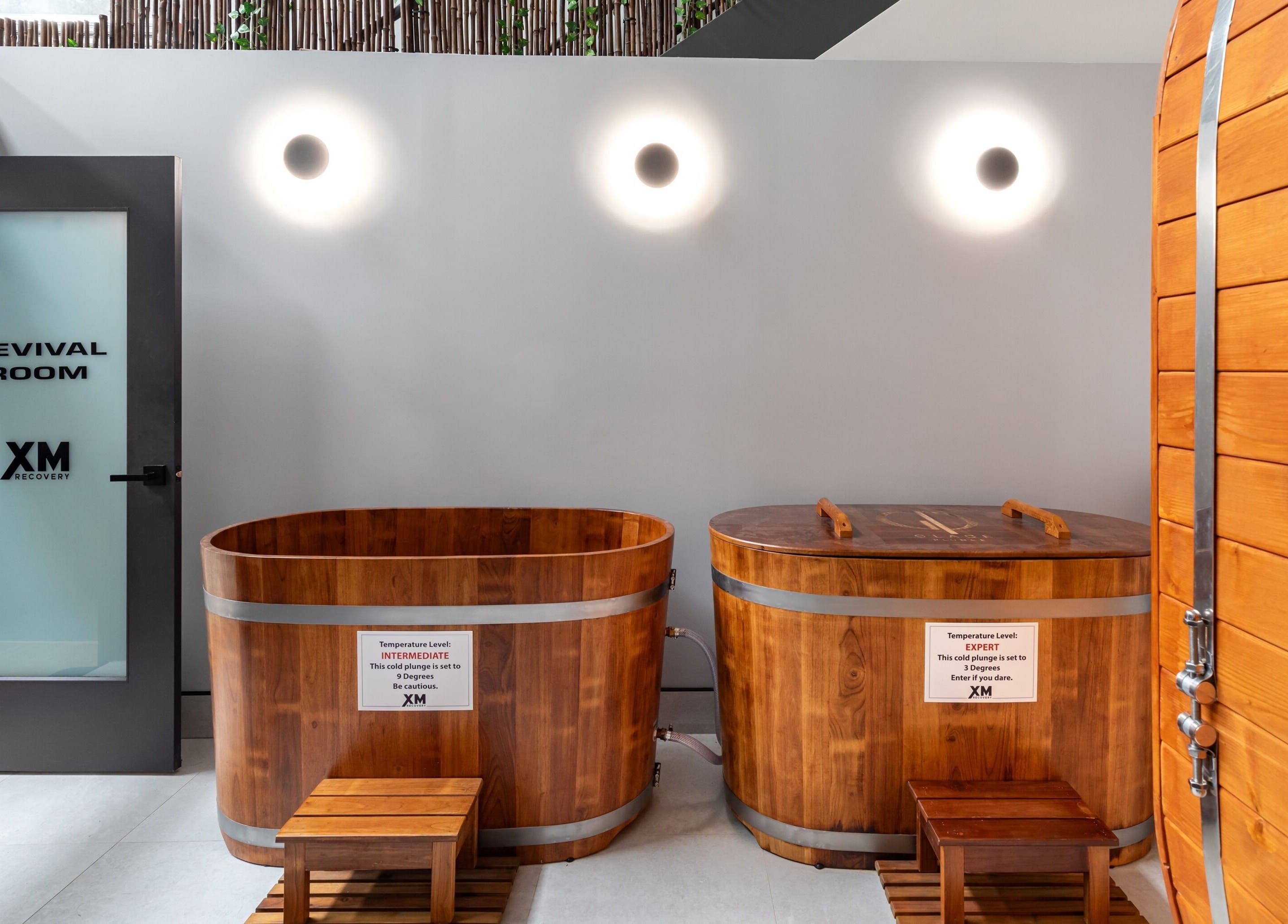 Revival Room at XM Recovery, Rouse Hill, NSW, featuring wooden tubs for rejuvenation therapy.