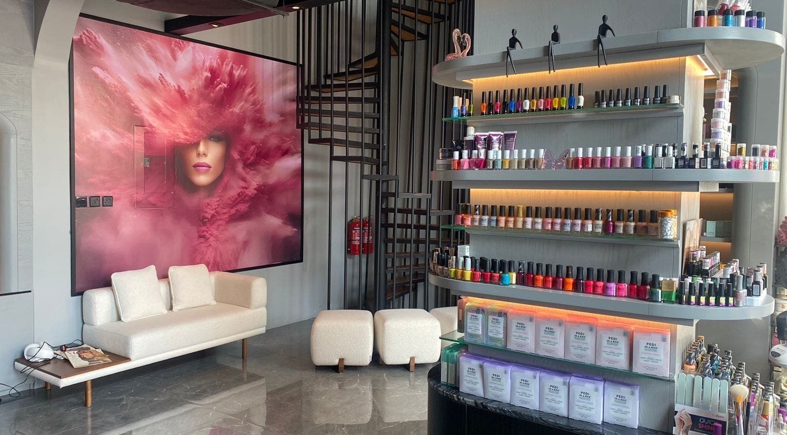 Quick Beauty Salon in Al Khobar, Eastern Province, SA features a chic modern interior with nail polish display.