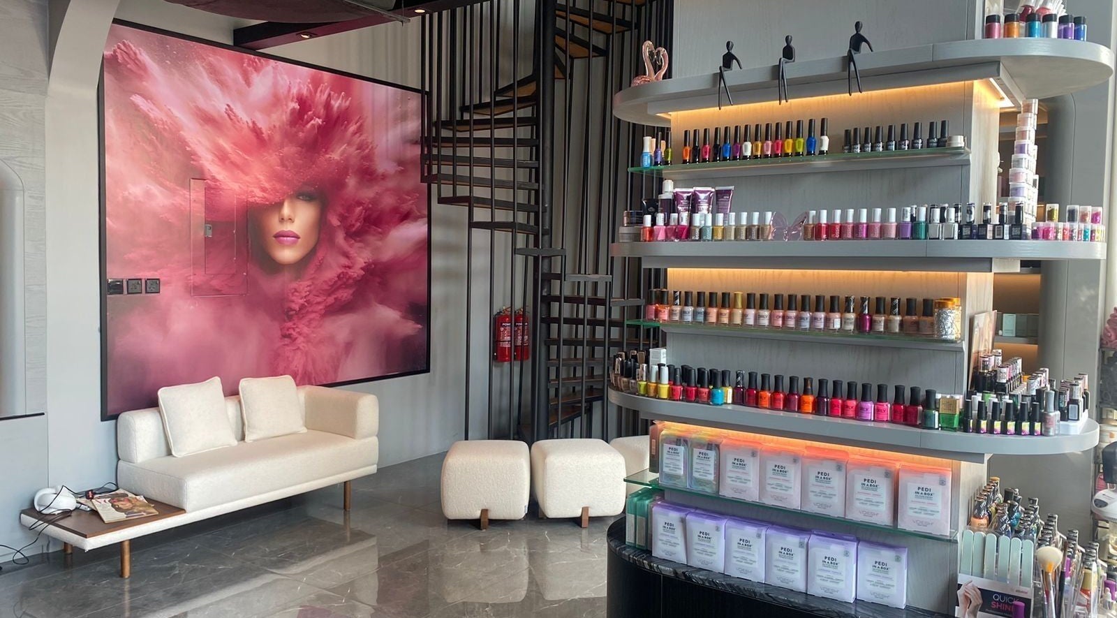 Quick Beauty Salon in Al Khobar, Eastern Province, SA features a chic modern interior with nail polish display.