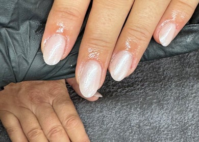 Close-up of elegant nails with shimmer polish at By Kadie, Throckley, England, GB.