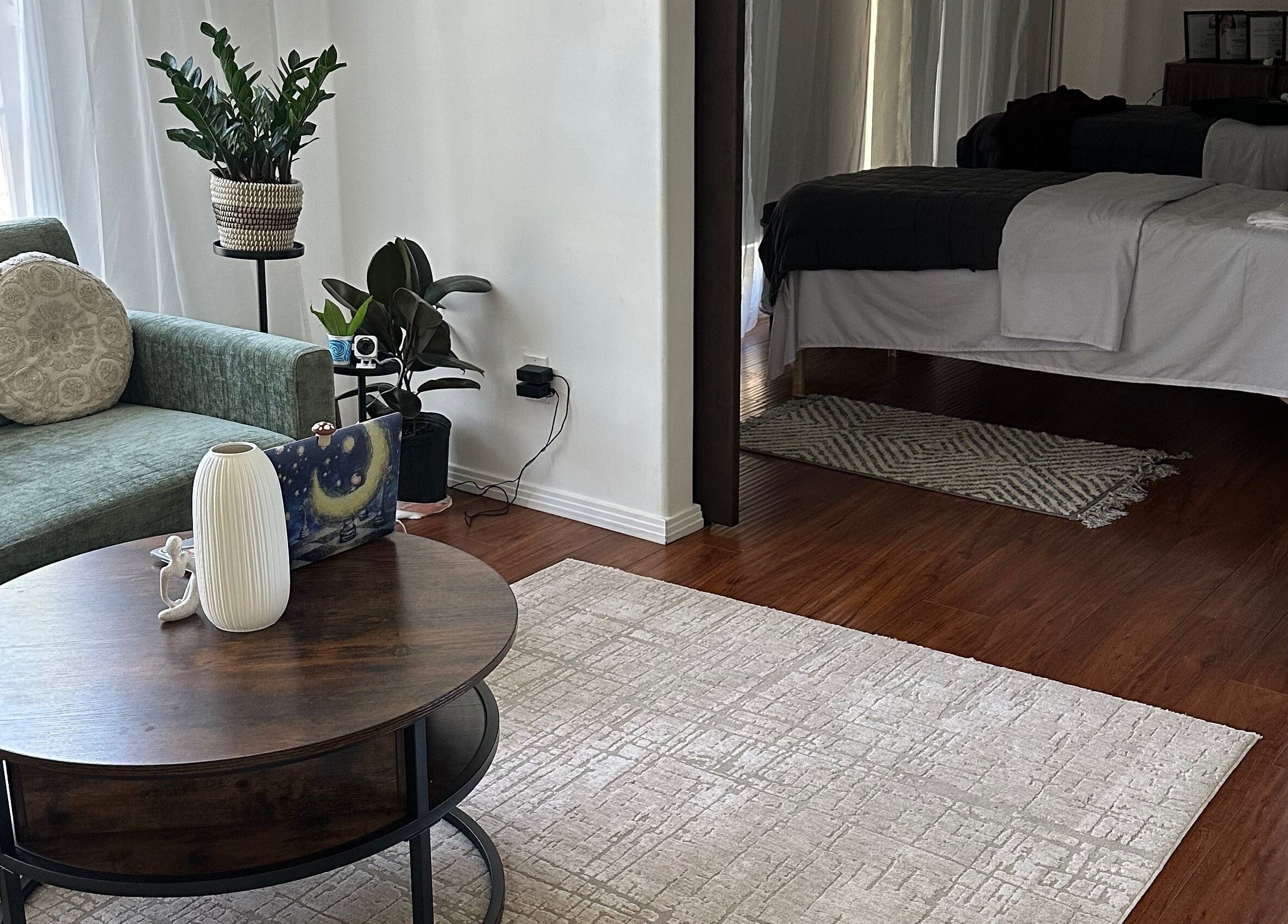 Cozy lounge area and treatment bed at Face Studio LA, Los Angeles, California, US.