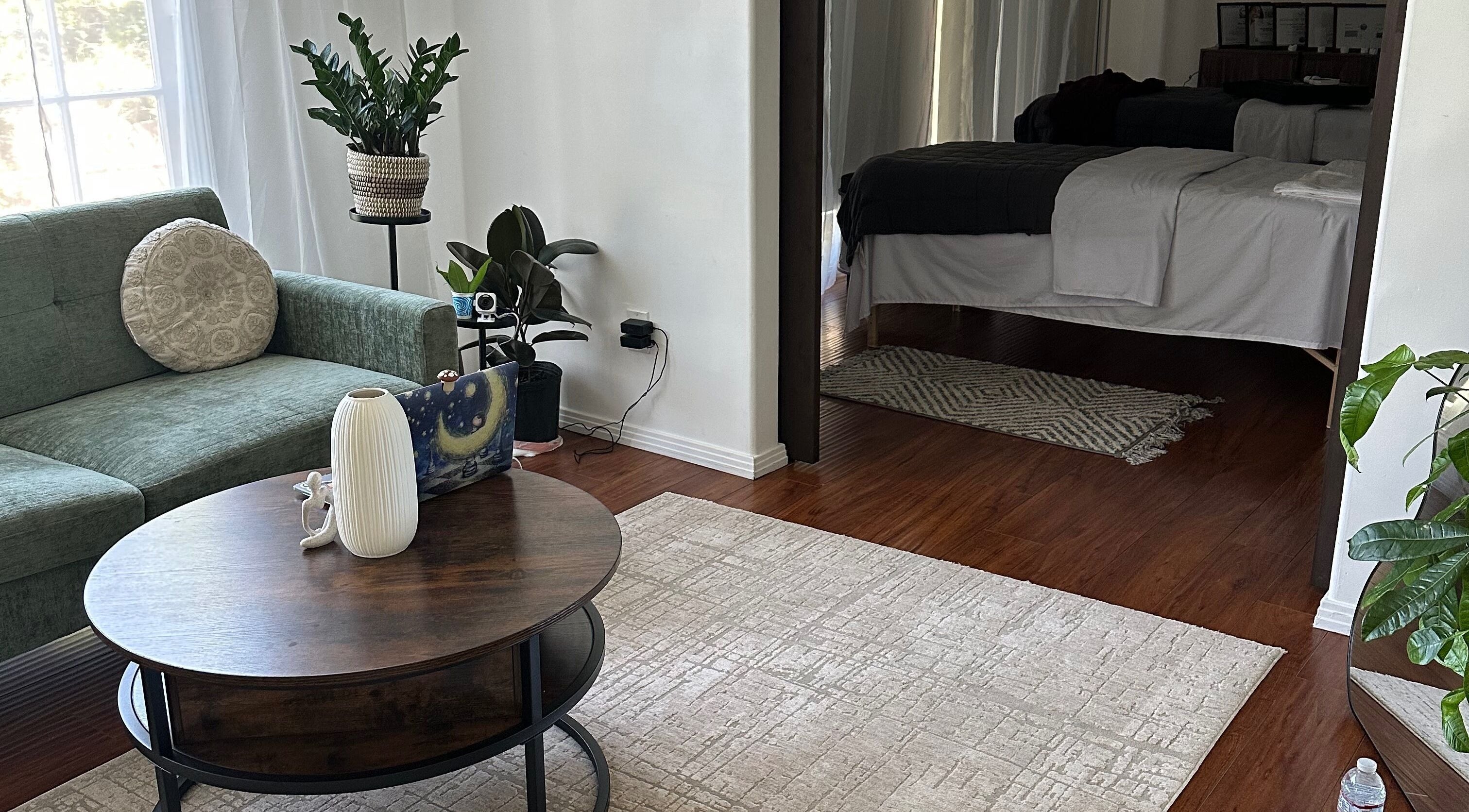 Cozy lounge area and treatment bed at Face Studio LA, Los Angeles, California, US.