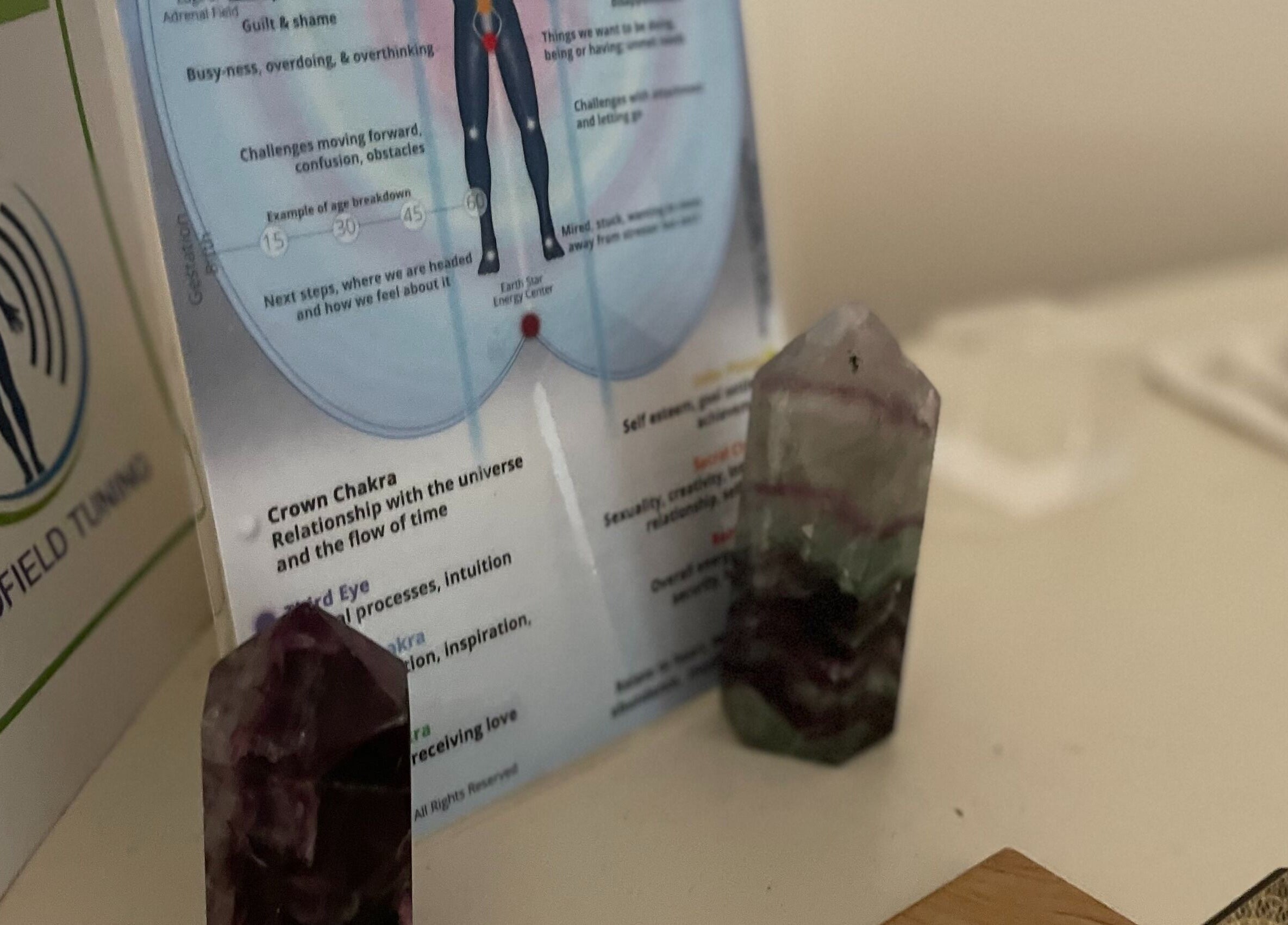 Chakra healing setup at The Biofield Body - Byron Bay, featuring crystals and chakra guides. Byron Bay, New South Wales, AU.
