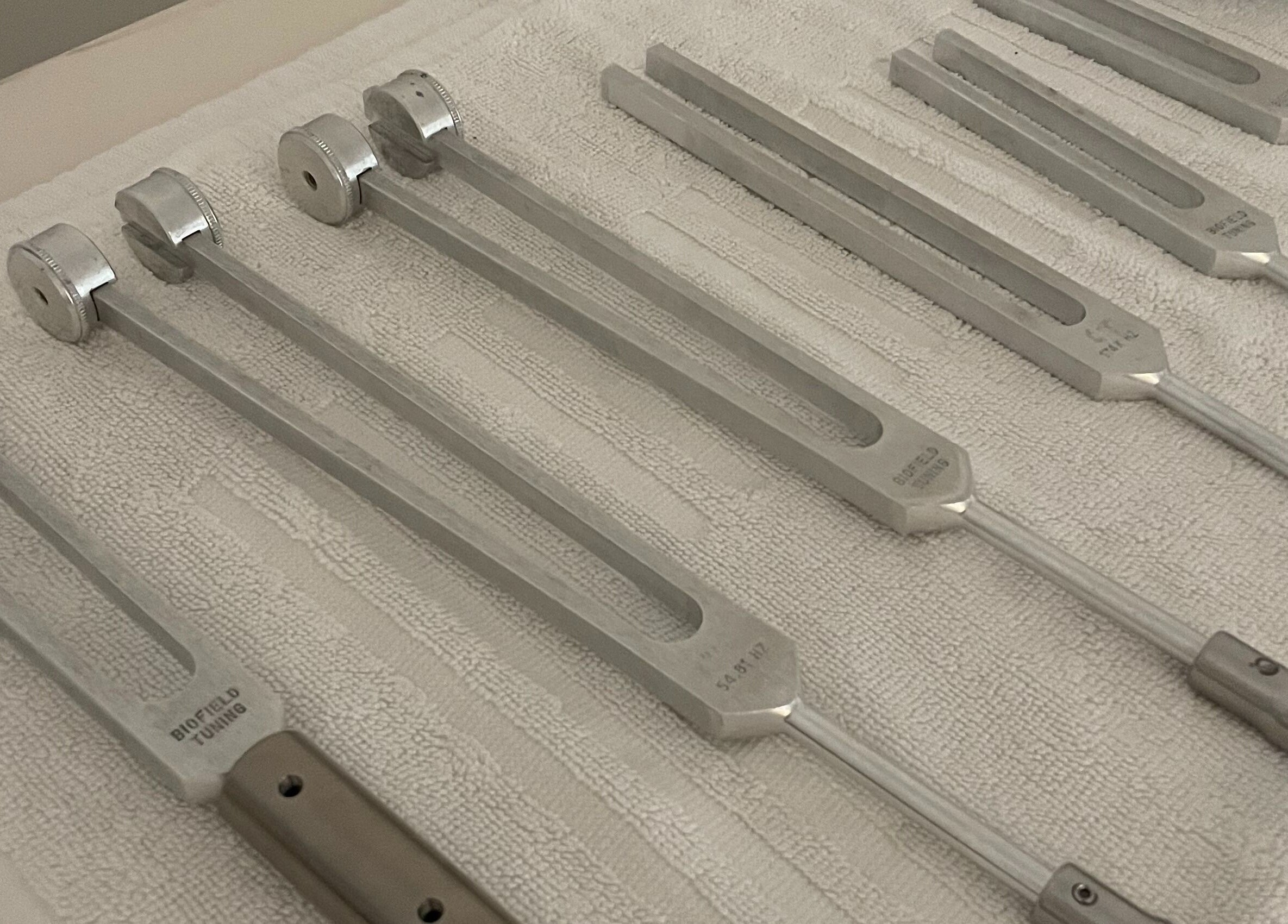 Tuning forks on towel at The Biofield Body - Byron Bay, Byron Bay, New South Wales, AU.