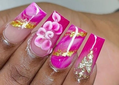 Vibrant pink nail art with gold accents at 24K NAIL SPA, Arlington, Texas, US.