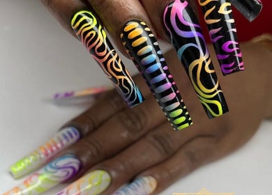 Vibrant neon nail art at 24K NAIL SPA, Arlington, Texas. Stunning design details in colorful patterns.