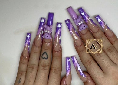 Creative lavender nail art with 3D bears at 24K NAIL SPA, Arlington, Texas, US.