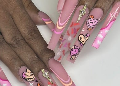 Unique, colorful nail art at 24K NAIL SPA in Arlington, Texas, US. Features intricate designs with gemstones.
