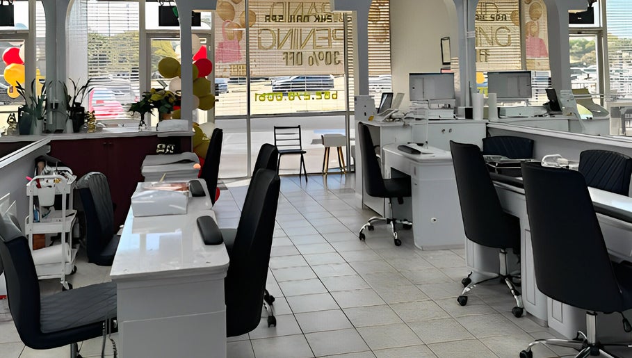 Interior of 24K NAIL SPA in Arlington, Texas, US featuring modern nail stations and bright decor.