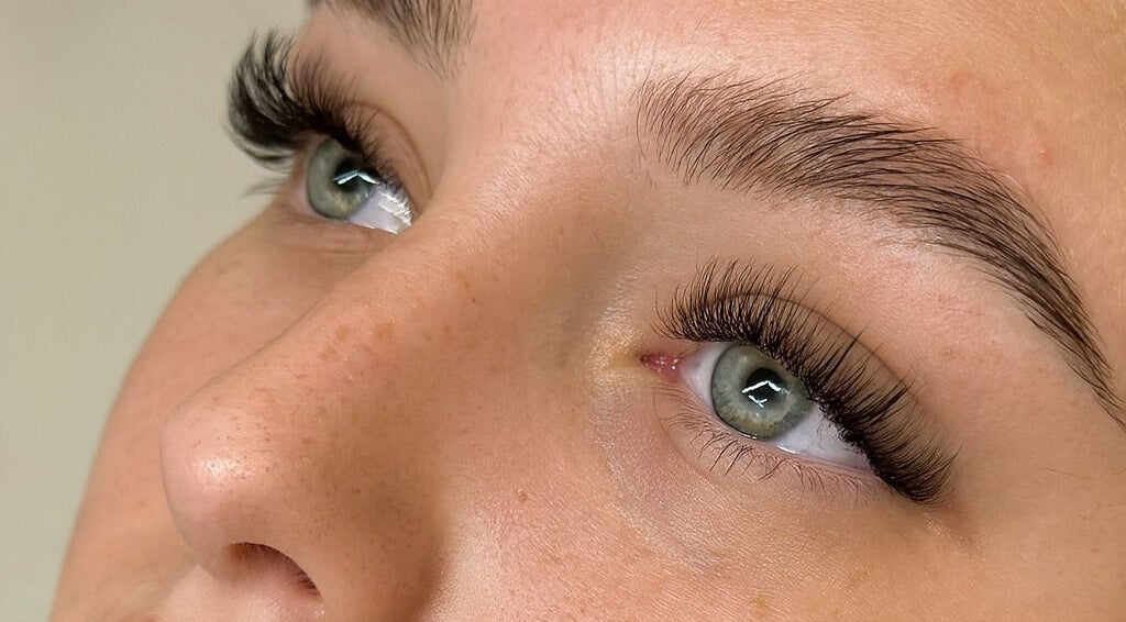 Closeup of enhanced lashes and brows at GlowBrows Phi, Vancouver, British Columbia, CA.
