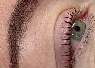 Close-up of expertly shaped eyebrow and lashes at The Lash Lounge, Melton Constable, England, GB.