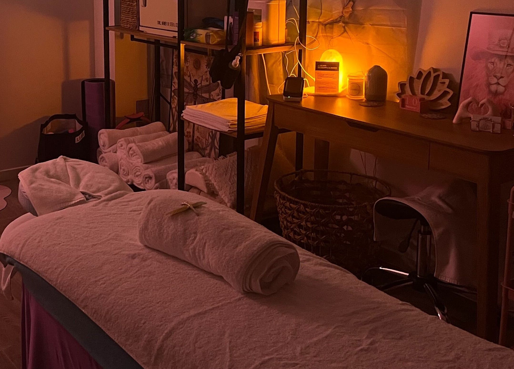 Relaxing massage room at JRT Remedial Massages with soft lighting, QLD, 4118, AU.