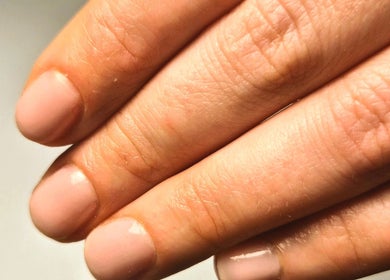 Close-up of manicured nude nails at The Beauty Lounge by M, Dublin, County Dublin, IE.