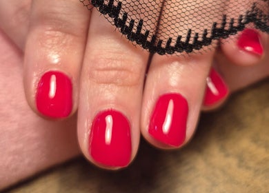 Close-up of manicured red nails at The Beauty Lounge by M, Dublin, County Dublin, IE.