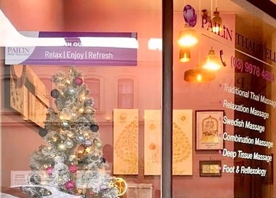 Exterior of Pailin Thai Wellness in South Yarra, Victoria, AU, featuring a warm and inviting festive decor.
