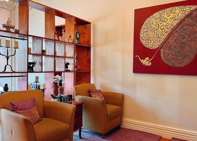Cozy massage room with art at Oriental Aroma Thai Massage, Malvern East, Victoria, AU.