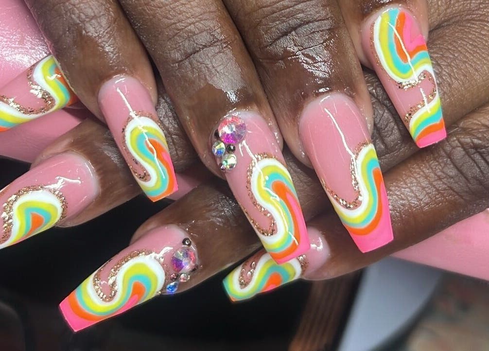 Colorful nail art with rhinestones at The Nail & Lash Studio, Saint Philip, Saint Philip, BB.